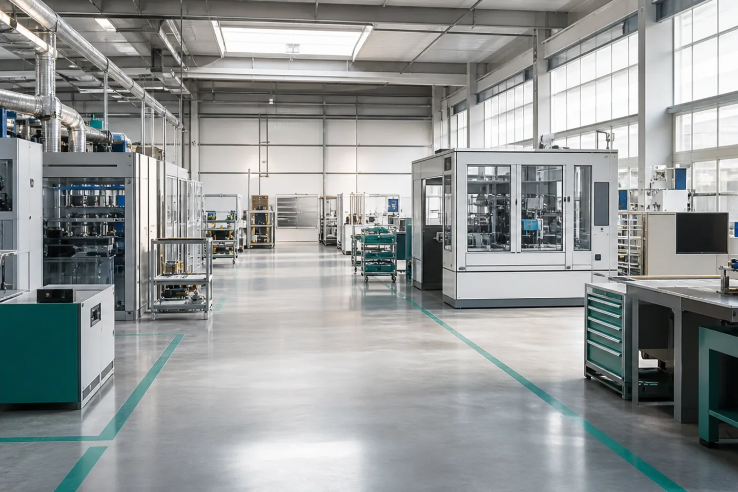 Moderne und übersichtlich organisierte Produktionshalle